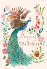 Peacock & flowers - Happy Birthday Card